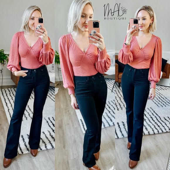 Cassie V Neck Bishop Sleeve Bodysuit - Picture 2 of 6